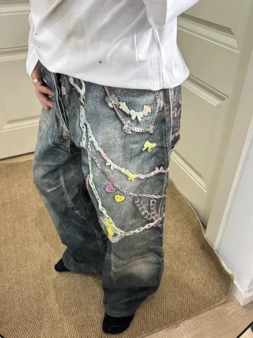 AC牛仔裤长裤3D糖果印花男女街头潮宽松baggy美式复古