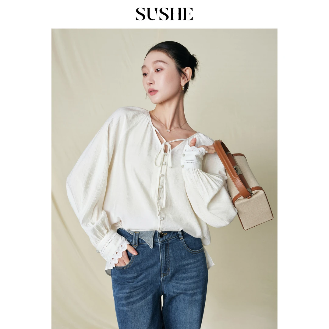 束皙SUSHE 绾风 法式复古亚麻蕾丝花边轻薄白色上衣宽松系带衬衫