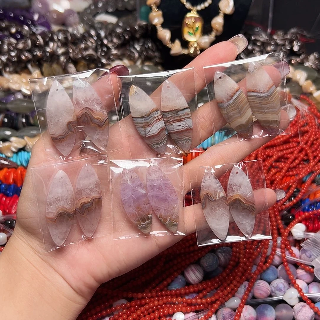 玛瑙/玉髓足银镶嵌珠宝半成品X21。天然极光玛瑙一对