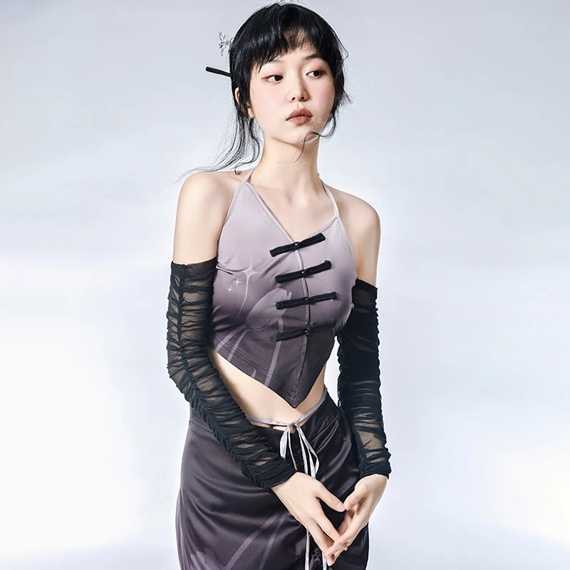 【Q25】SALTHe盐茶  盘扣紫色渐变郁金印花拼接露肩上衣  STA220019