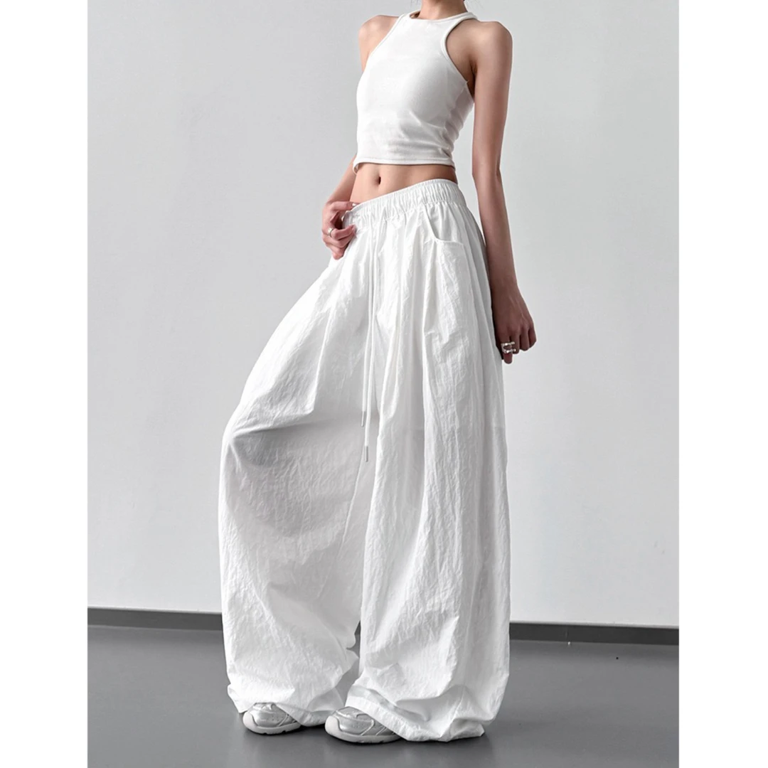 2025夏季新款女装蓝色高腰宽松显瘦慵懒风阔腿裤休闲裤美式裤子