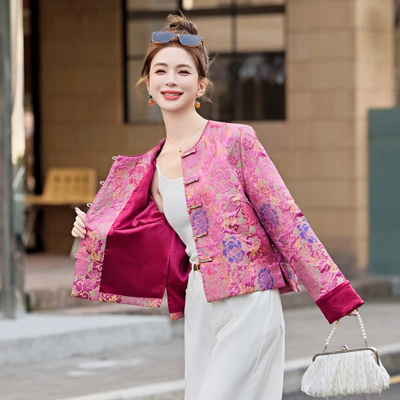 复古唐装中式中国风民族风时尚印花提花绣花秋季外套上衣女士短款