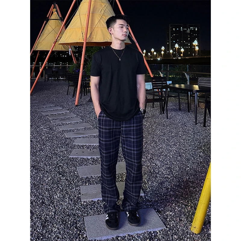 美式潮流蓝色格子裤男早秋穿搭复古格纹直筒裤子痞帅高级感休闲裤