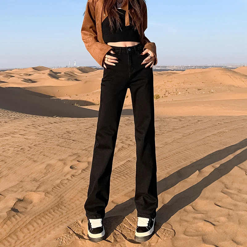 黑色窄版直筒牛仔裤女2025年早春新款宽松小个子高腰显瘦阔腿裤子