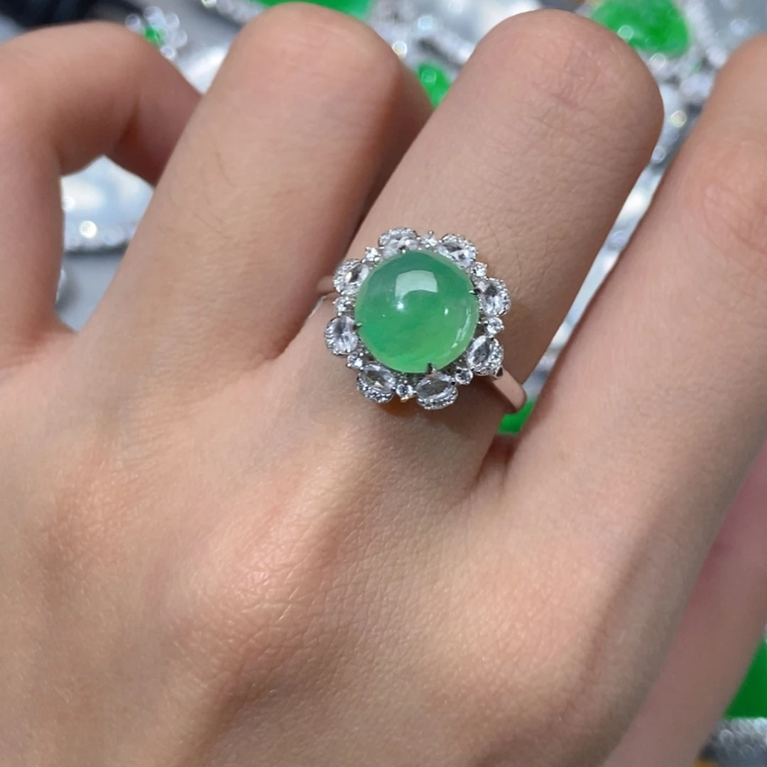 翡翠18K金镶嵌戒指天然缅甸A货翡翠