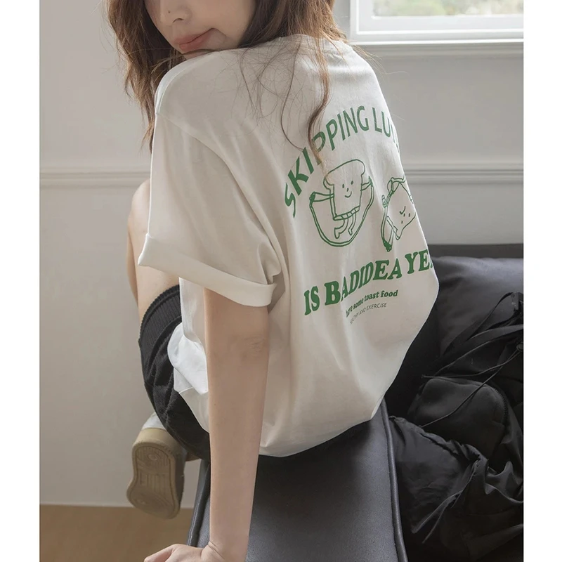 纯棉正肩短袖T恤女夏季设计感小众宽松体恤高级感学院风半袖上衣