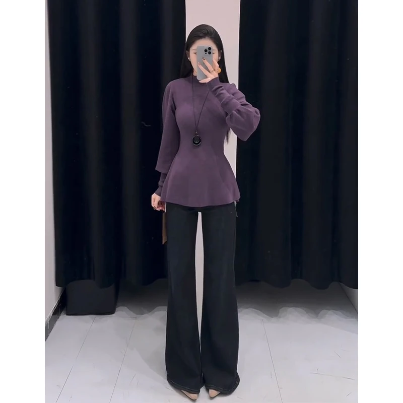 2025秋季新款韩系穿搭修身圆领长袖毛衣上衣百搭高腰显瘦阔腿长裤