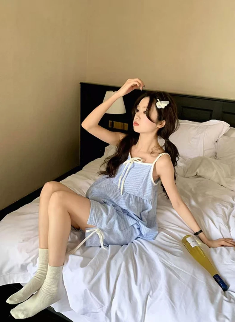 蝴蝶结休闲带胸垫条纹吊带睡衣女夏季甜美宽松短裤家居服套装外