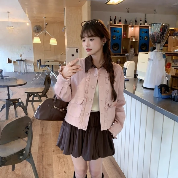 miu系甜美粉色麂皮宽松外套女2025秋季新款撞色拼接翻领显瘦上衣