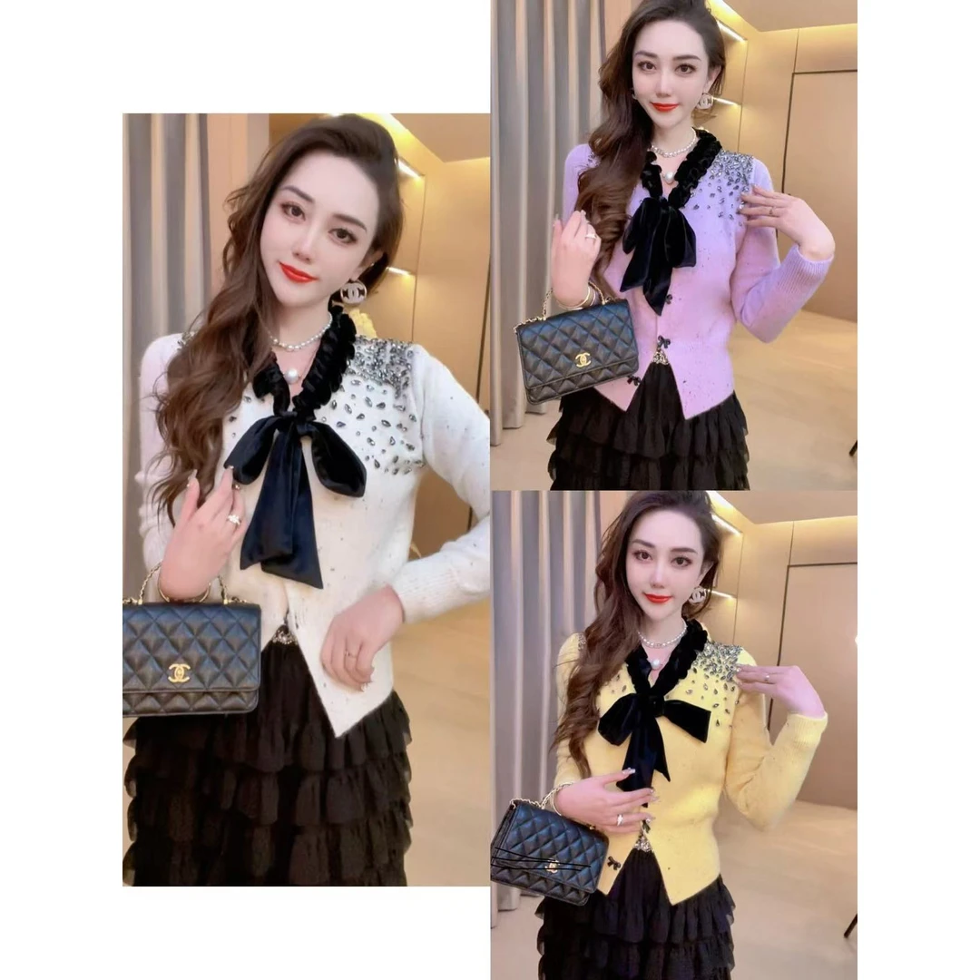 【玉露】重工钉珠拼接蕾丝蝴蝶结轻奢百搭显瘦针织开衫外套