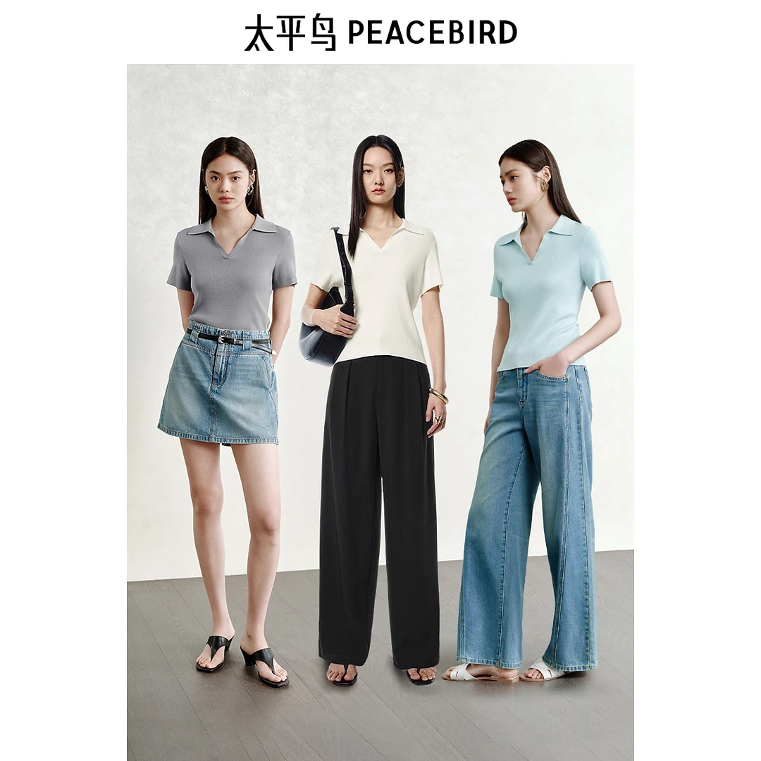 太平鸟线套衫短袖上衣马卡龙色系夏新品流光风POLO领AAEEF2375