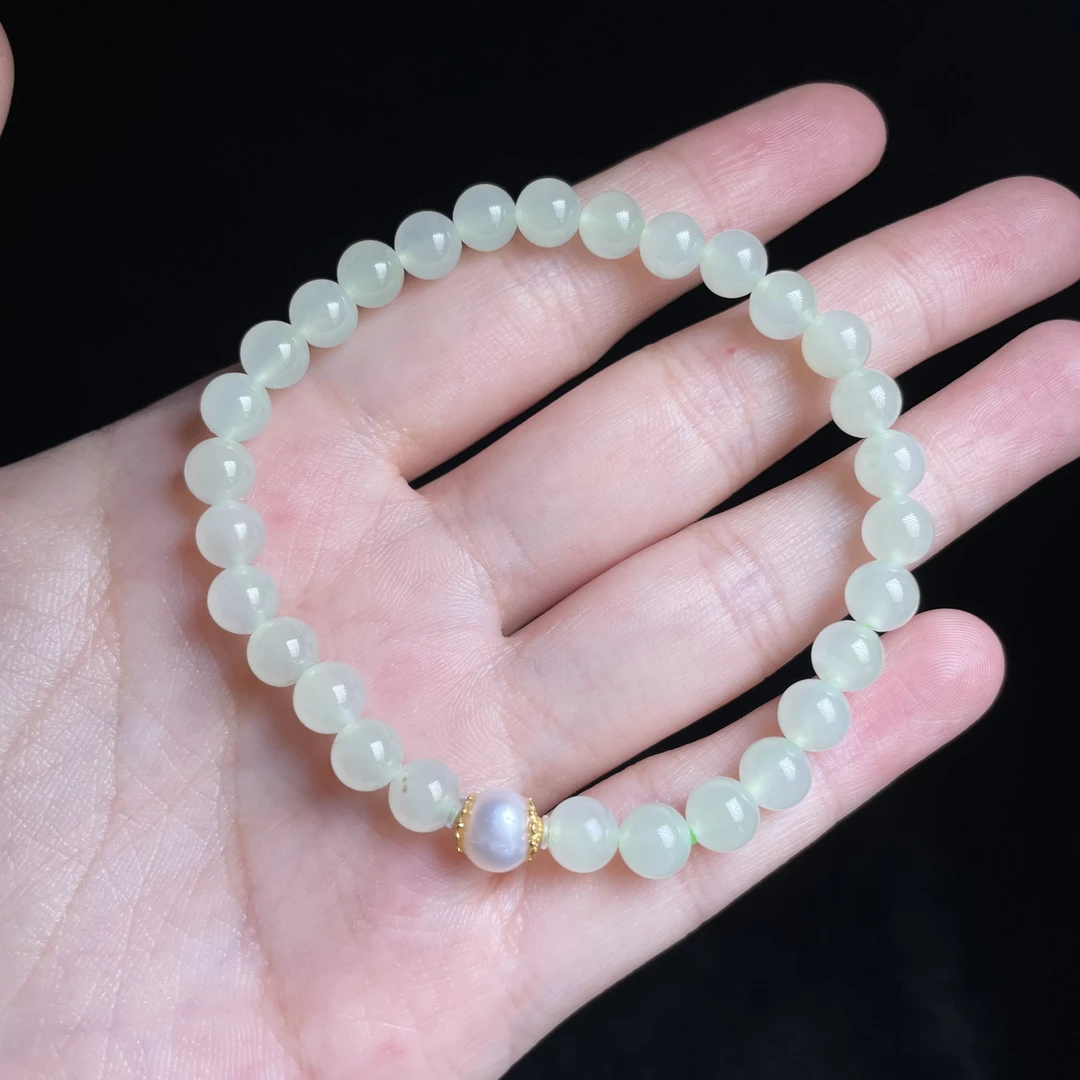 【玉总珠宝】925银和田玉圆珠手串-约6mm 多样性发一 CAN3550126