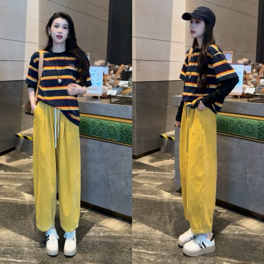 美式假两件复古条纹短袖t恤韩系百搭灯芯绒休闲九分裤套装