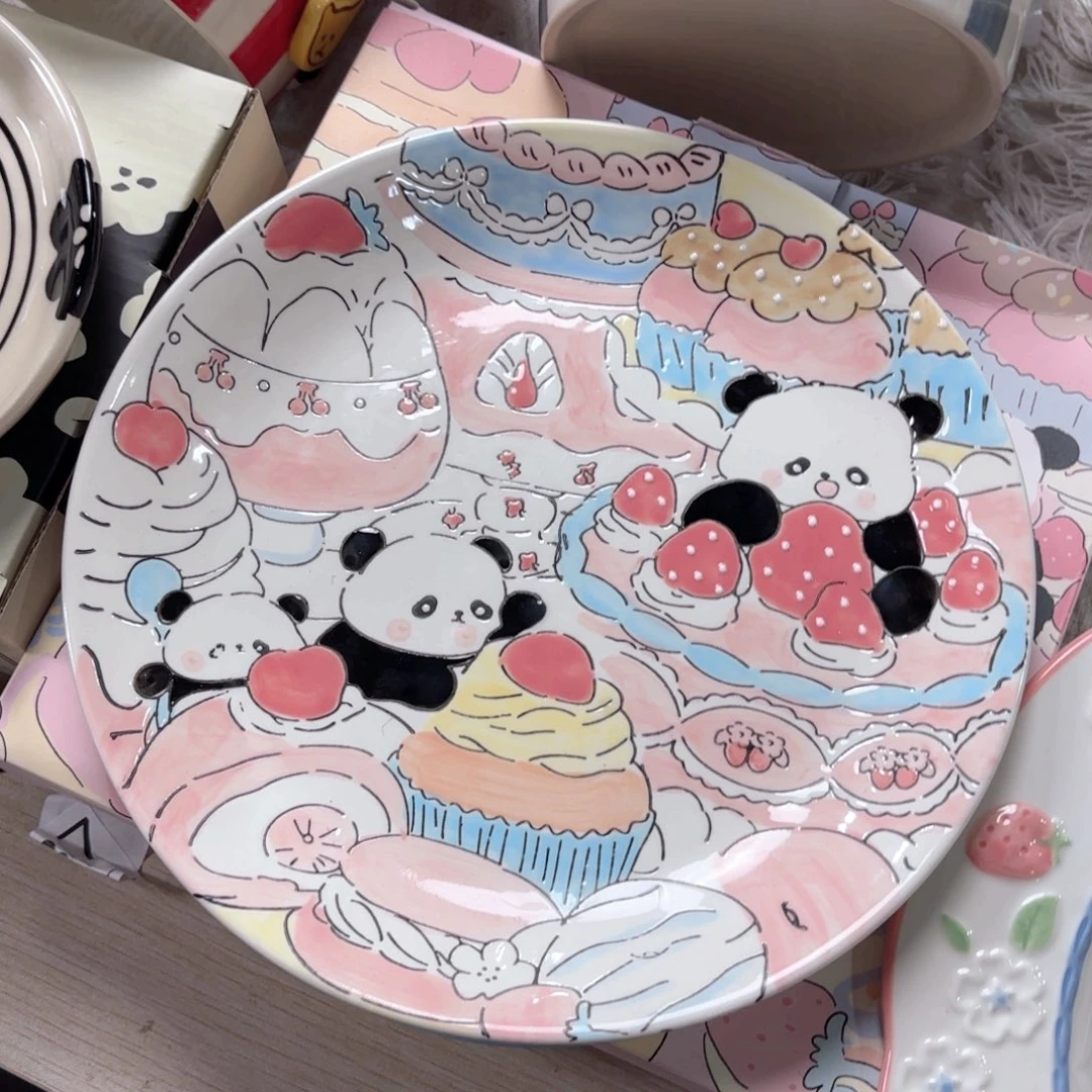 陶蓝莲花熊猫手作8.5寸浅盘