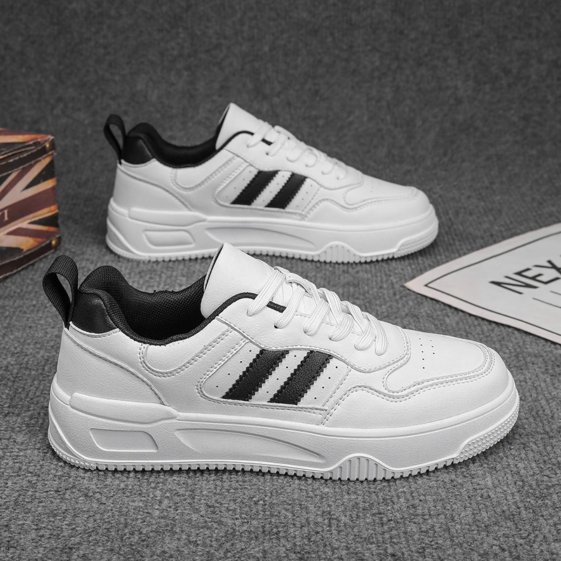 男鞋2025新款夏季透气休闲潮牌百搭皮面板鞋学生运动厚底鞋子男款