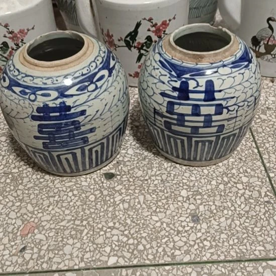 陶摆件双双双喜临门罐罐摆件青花陶瓷摆件青花陶瓷