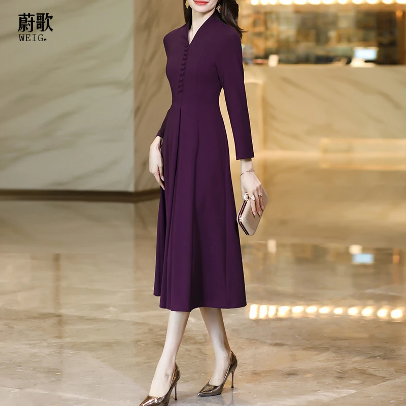 紫色连衣裙喜婆婆婚宴装2025春秋新款高级感气质收腰显瘦中长款裙