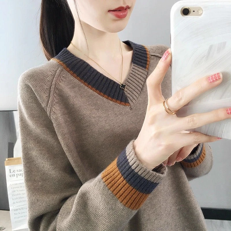 宽松常规款韩版包袖针织毛针织衫洋气长袖v领套头针织上衣毛衣女