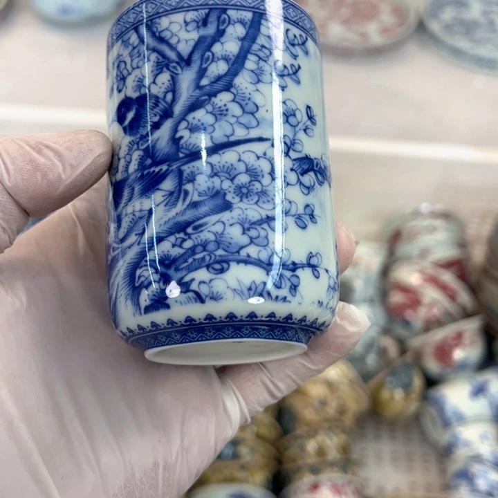 瓷片白青花喜上眉梢直筒杯可乐全品