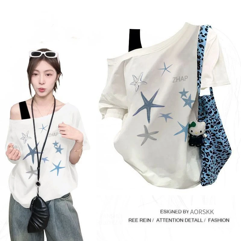 【ZHAP】夏季单肩露肩吊带宽松短袖t恤女chic爆款通勤夏季宽松上衣