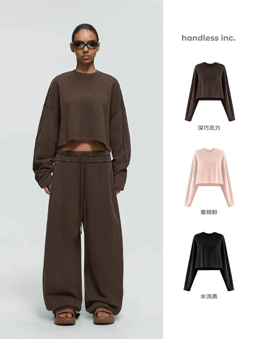 handless inc｜unisex系列-活页压褶圆领宽松短款卫衣