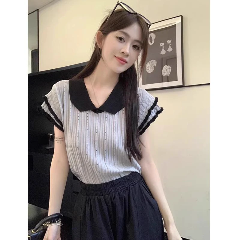 夏季新款短袖冰丝针织衫女设计感小众T恤撞色V领短款飞飞袖上衣潮