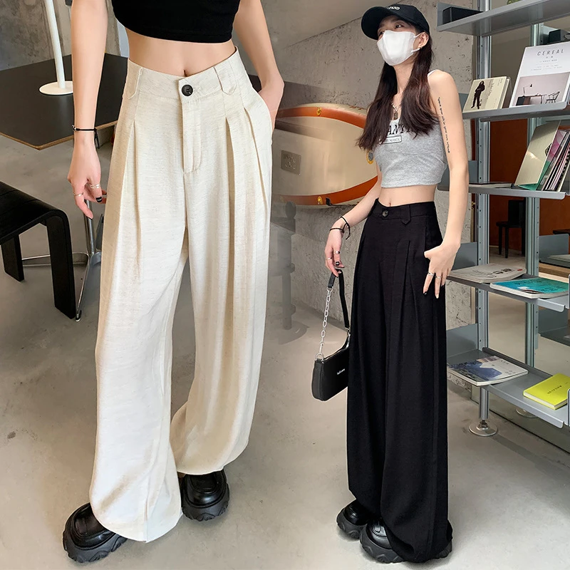 夏季新款冰丝亚麻西裤女慵懒复古白色棉麻垂感直筒拖地阔腿裤
