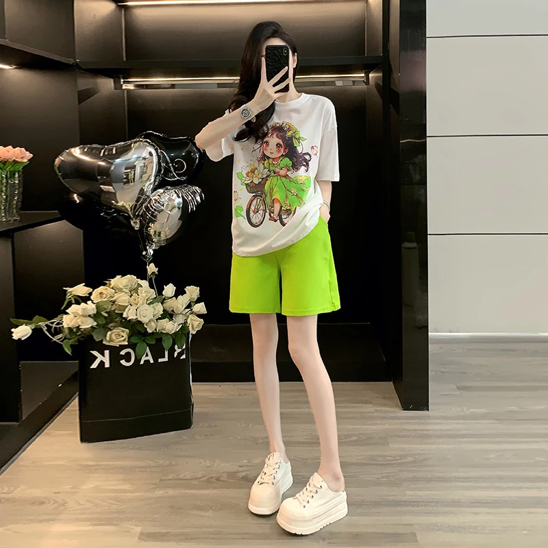 夏季新款卡通动漫短袖T恤套装女洋气百搭休闲时尚运动短裤两件套