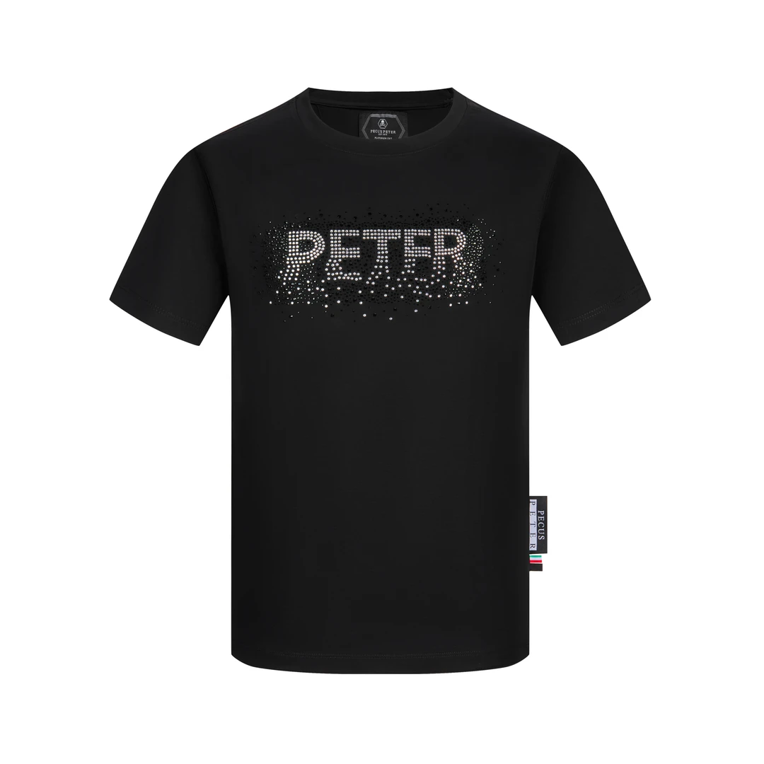 Pecus Peter2025夏季潮流烫钻轻奢黑色休闲短袖