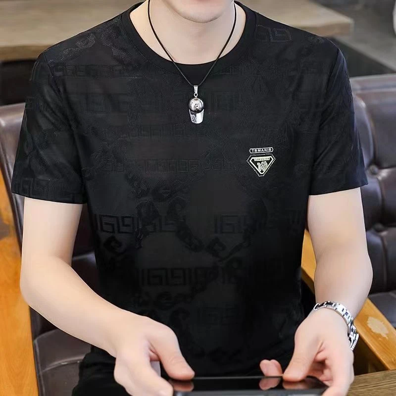 男士冰丝短袖T恤夏季新款圆领半袖修身休闲百搭透气大码男装体恤