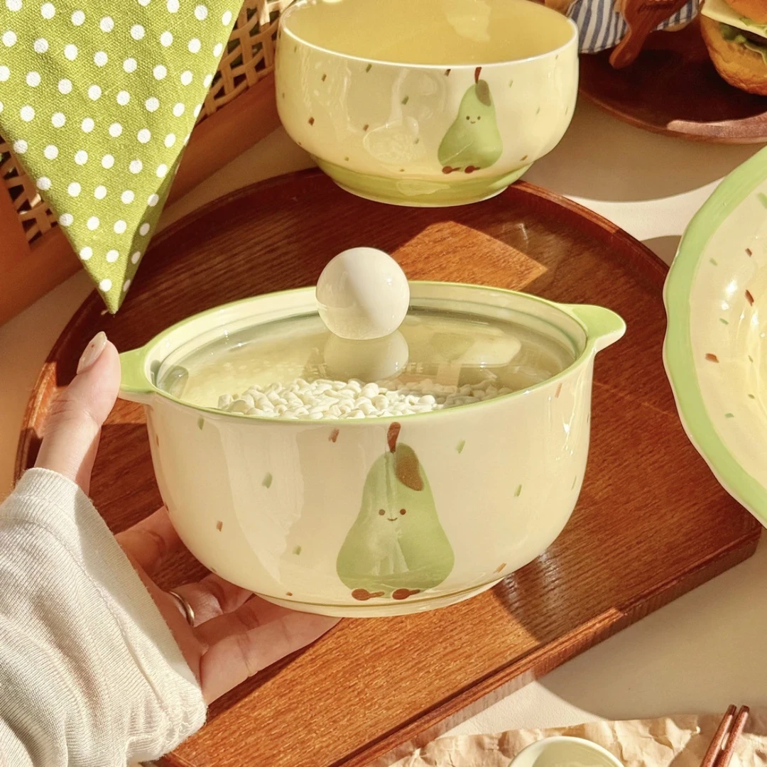 可爱绿梨陶瓷泡面碗带盖ins风家用釉下彩双耳防烫螺蛳粉碗陶瓷碗