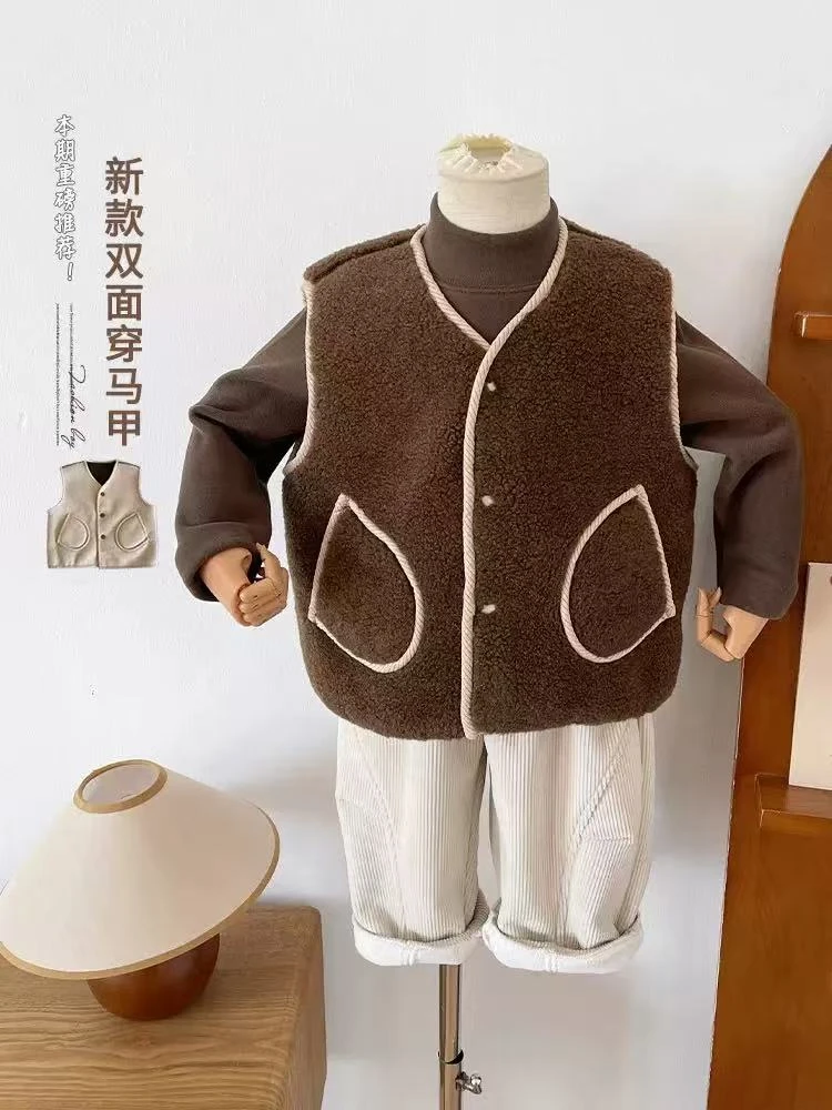 子航同款 冬季新款儿童韩版洋气两面穿加厚羊羔毛马甲ds7016