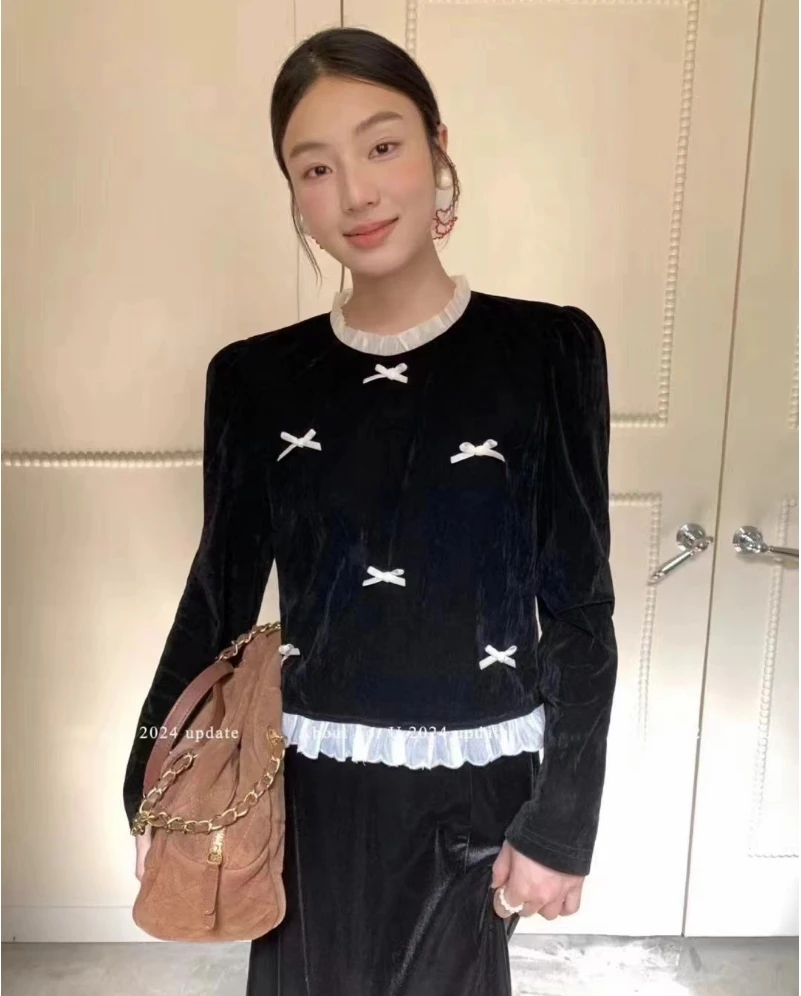 8072 小蝴蝶结减龄丝绒上衣 s 1.3