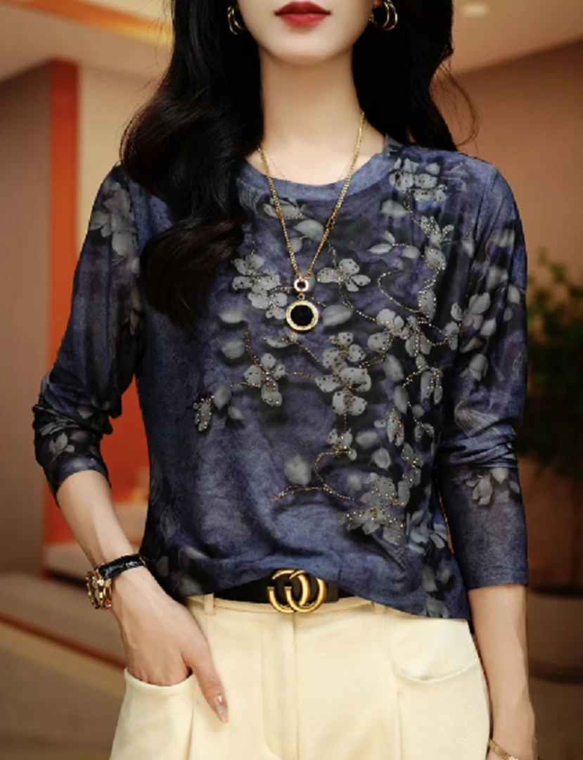 2025夏季新款时尚百搭显瘦气质肌肤纱长袖 圆领T恤印花上衣C2139