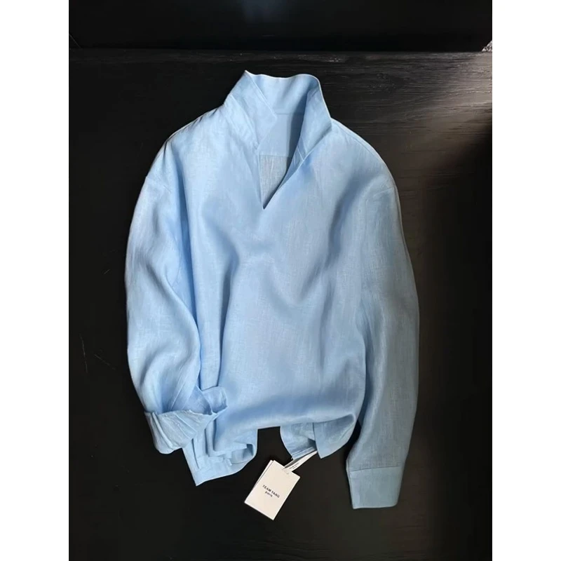 美式高街300斤超大码V领别致长袖衬衫初秋男女亚麻洋气老钱风上衣