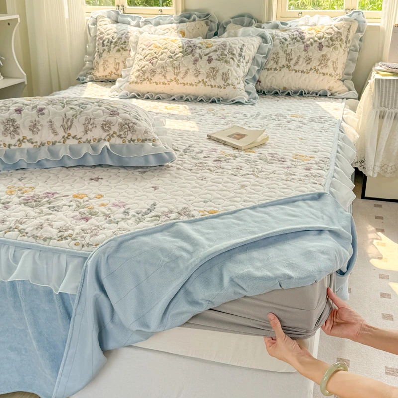 2025新款夹棉双层花边牛奶绒床笠加厚加绒床垫保护套床垫罩蓄热暖