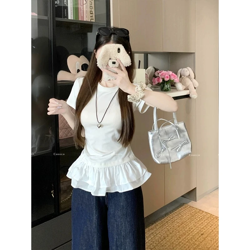 法式荷叶花边下摆拼接白色短袖t恤女夏季设计感修身正肩小衫上衣