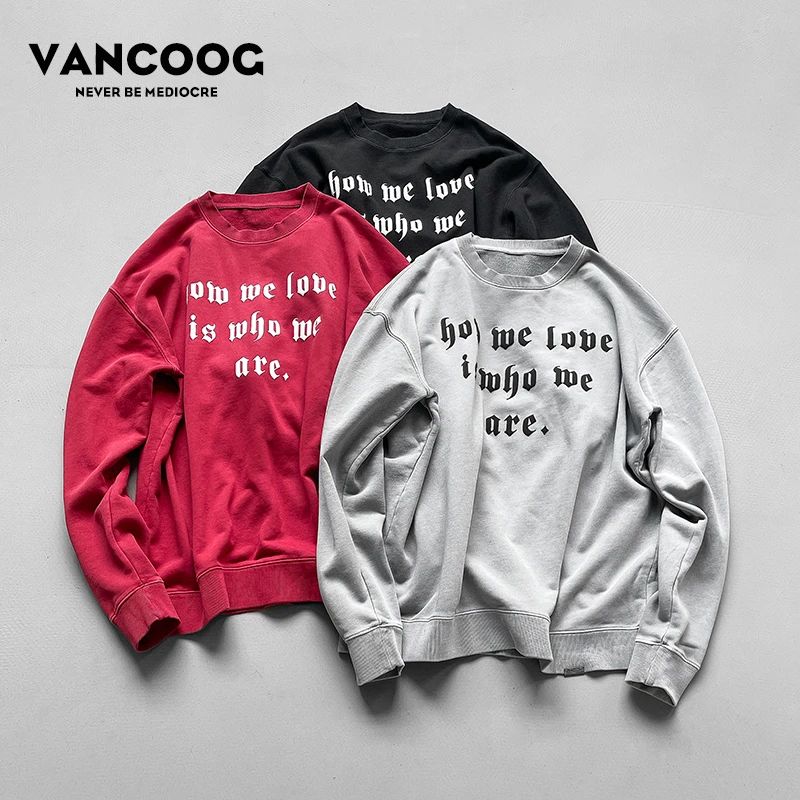 VANCOOG25秋季美式潮牌外套420克立体字母印花宽松情侣套头卫衣男
