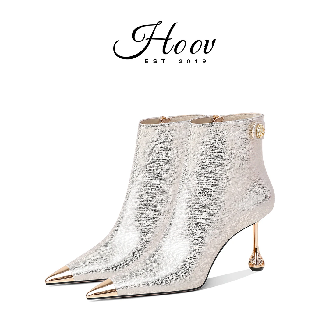 HOOV A/W原创金属头防踢银色细跟短靴女2025新款胎牛皮时装高跟靴