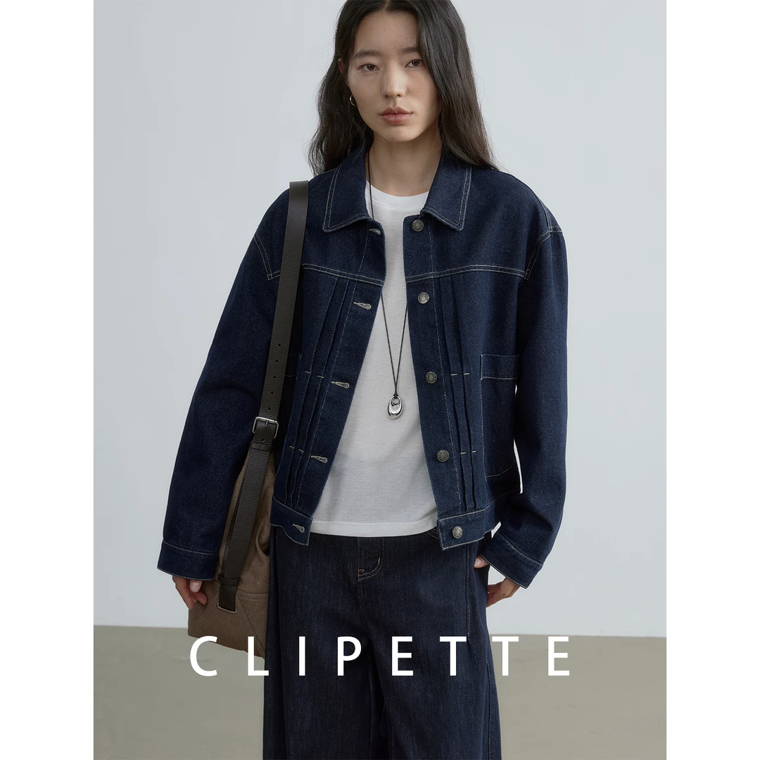 CLIPETTE 秋季新款翻领双塔克大口袋深蓝色牛仔外套女宽松夹克