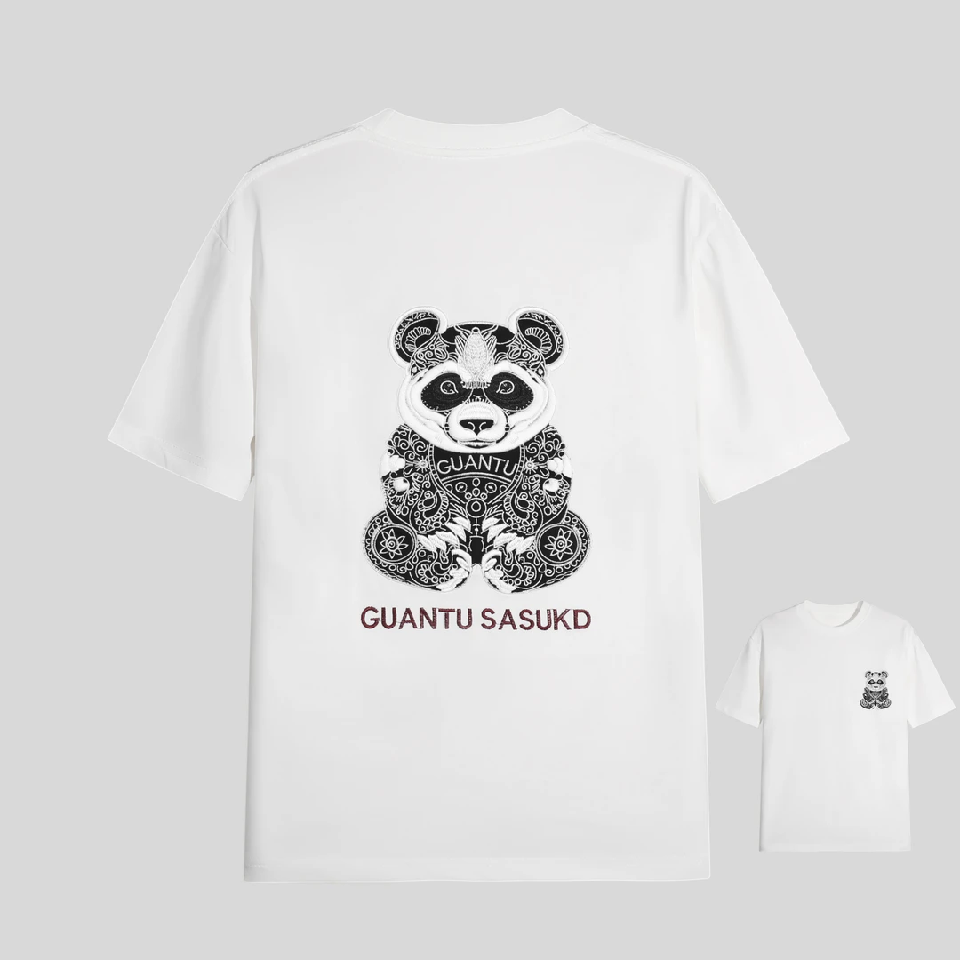 【花1】时尚百搭轻奢短袖国风黑白熊猫刺绣T恤 y314