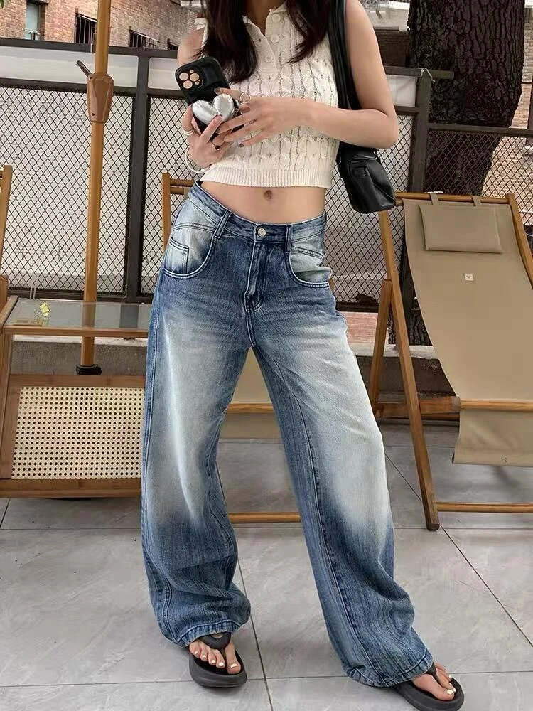 美式复古辣妹设计感做旧水洗牛仔裤子女夏阔腿宽松小众街头拖地裤