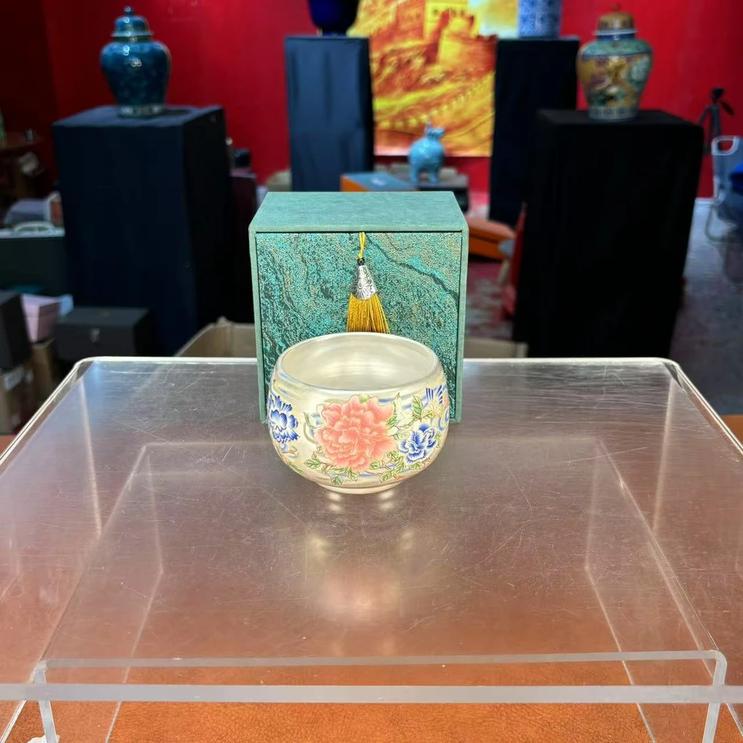 秋香茶具  粉彩牡丹银主人杯大容量品茗杯禅定杯-2482