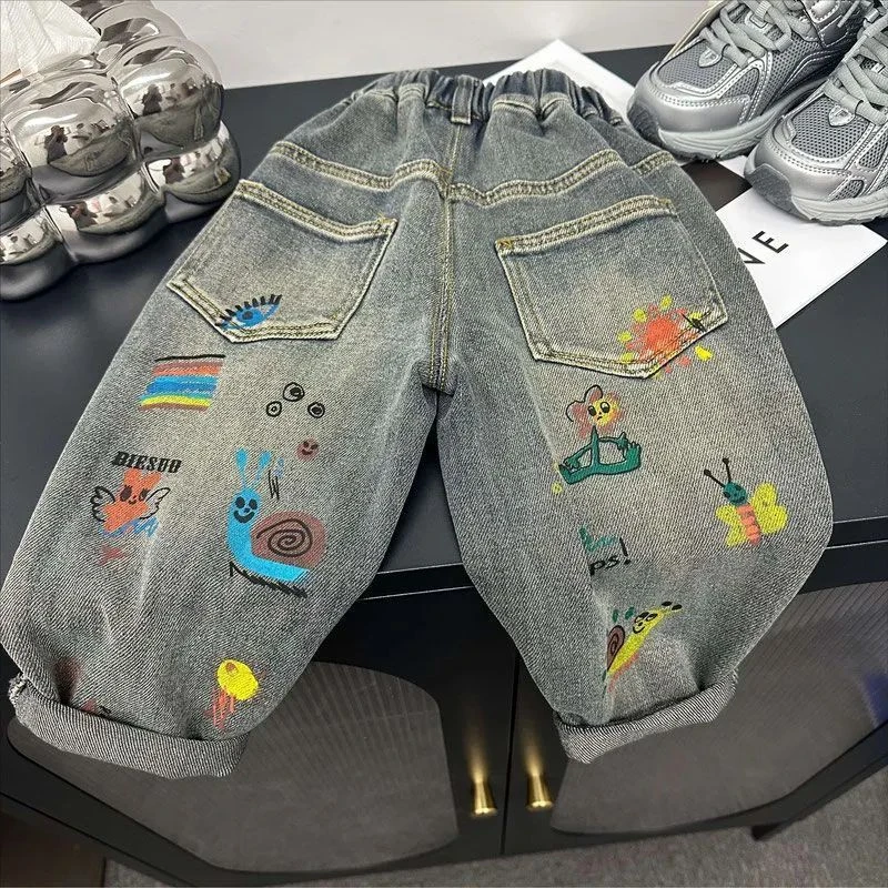 男女童2025卡通新款百搭宽松中小童春秋款印花炫酷潮流牛仔裤韩版