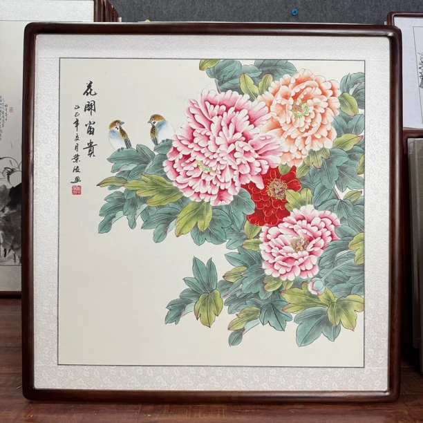 【手绘国画】带框［83*83厘米］工笔画牡丹花开富贵斗方餐厅挂画玄关