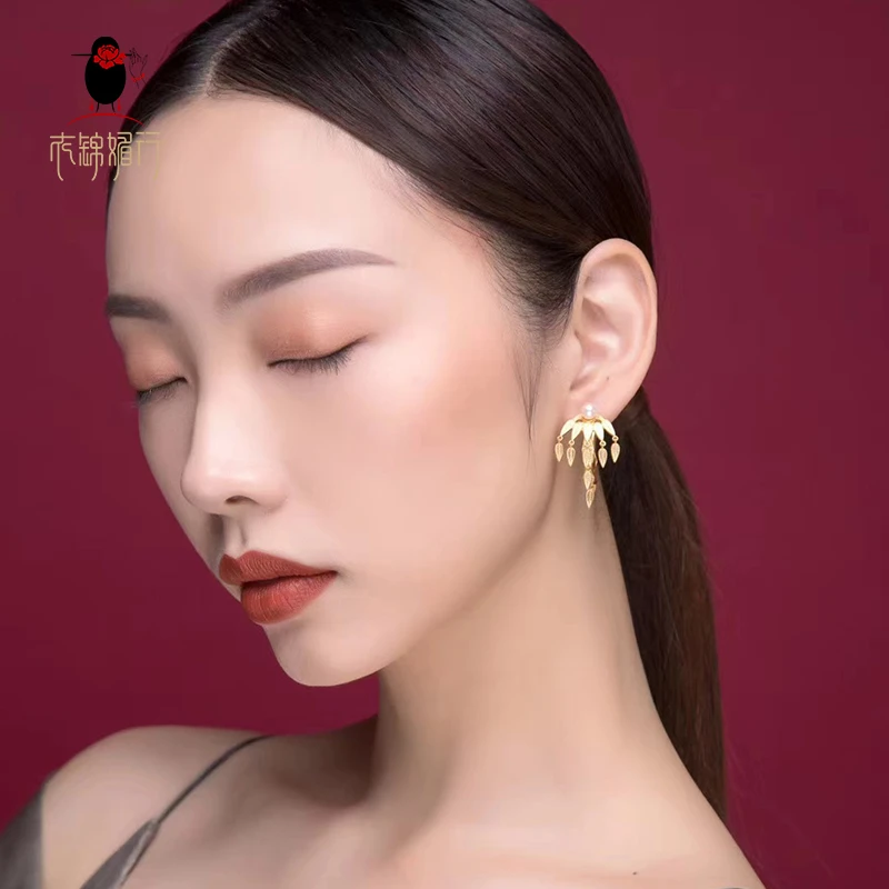 甘澜文创 竹影 925银镀金镶珍珠竹叶耳钉E492
