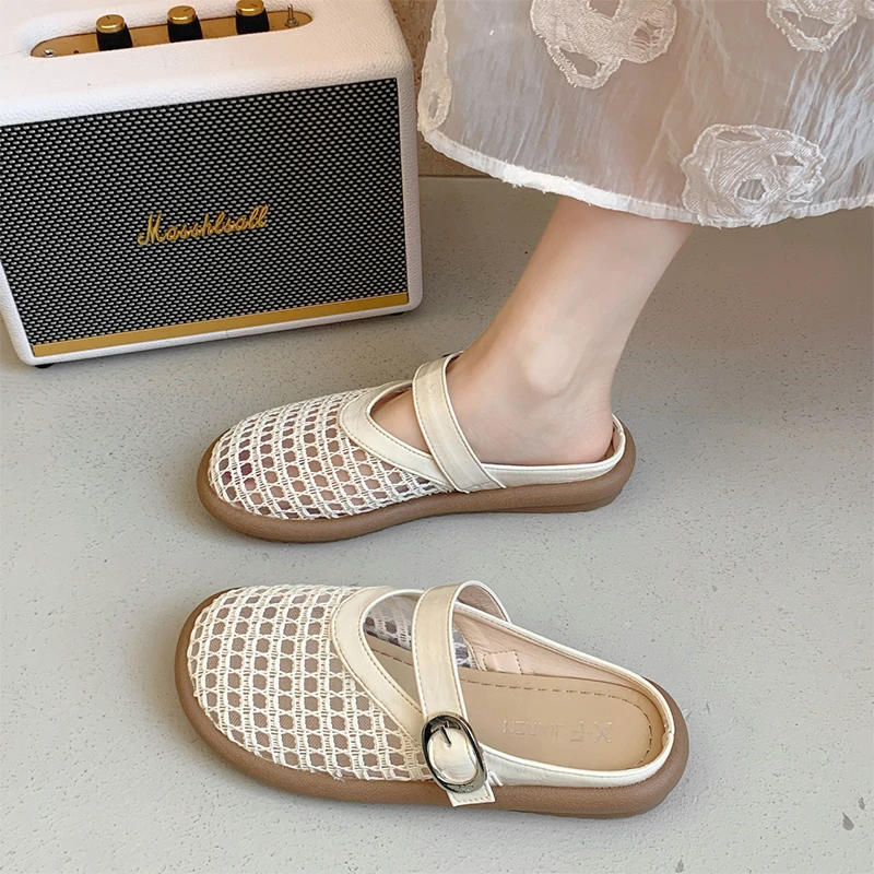 包头凉拖鞋女夏外穿2025新款网面透气法式平底休闲玛丽珍半托单鞋