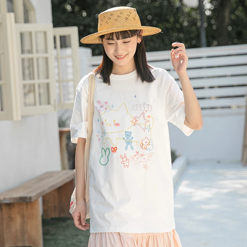 卡农家 趣味印花短袖t恤女夏季宽松显瘦小个子上衣纯棉卡通百搭