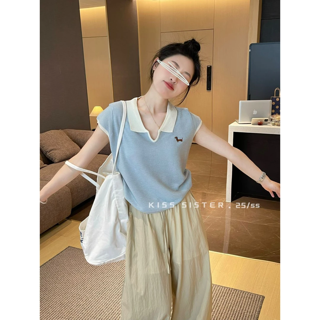 精致半开小翻领小狗刺绣短袖针织衫T恤2025年夏季新款时尚小上衣