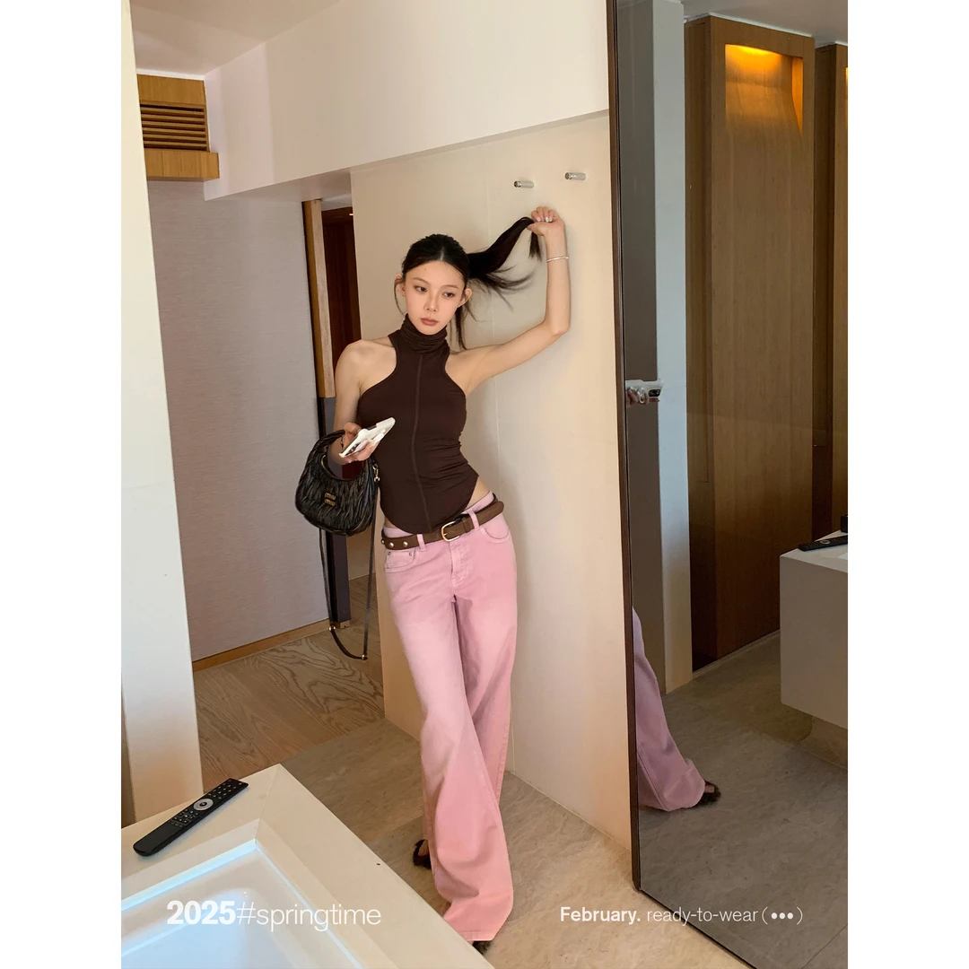 SUNONEONE 磨白渐变阔腿牛仔裤女春直筒粉色薄款休闲裤子H0870K